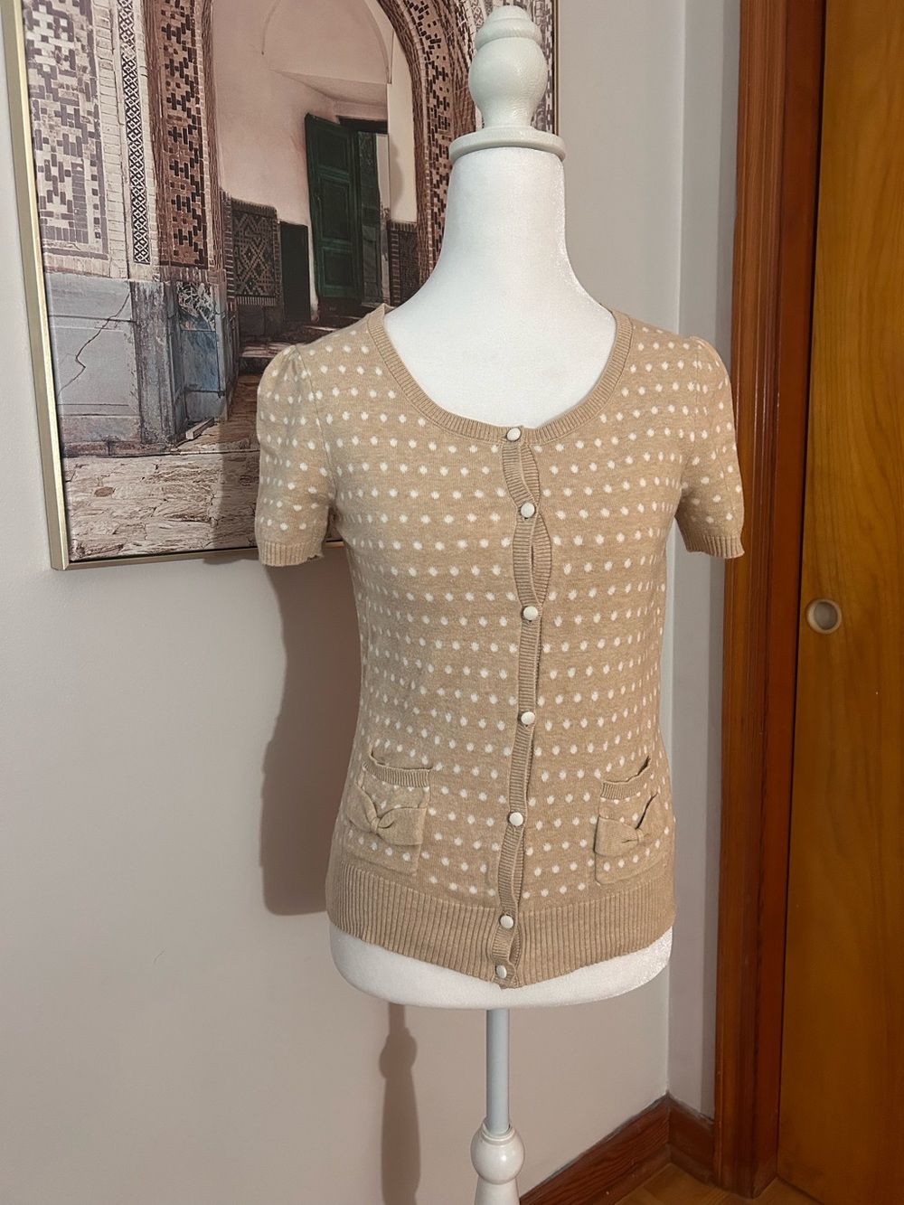Tommy Hilfiger Tan and White Polka Dot Cable Knit Button Up Sweater Short Sleeve